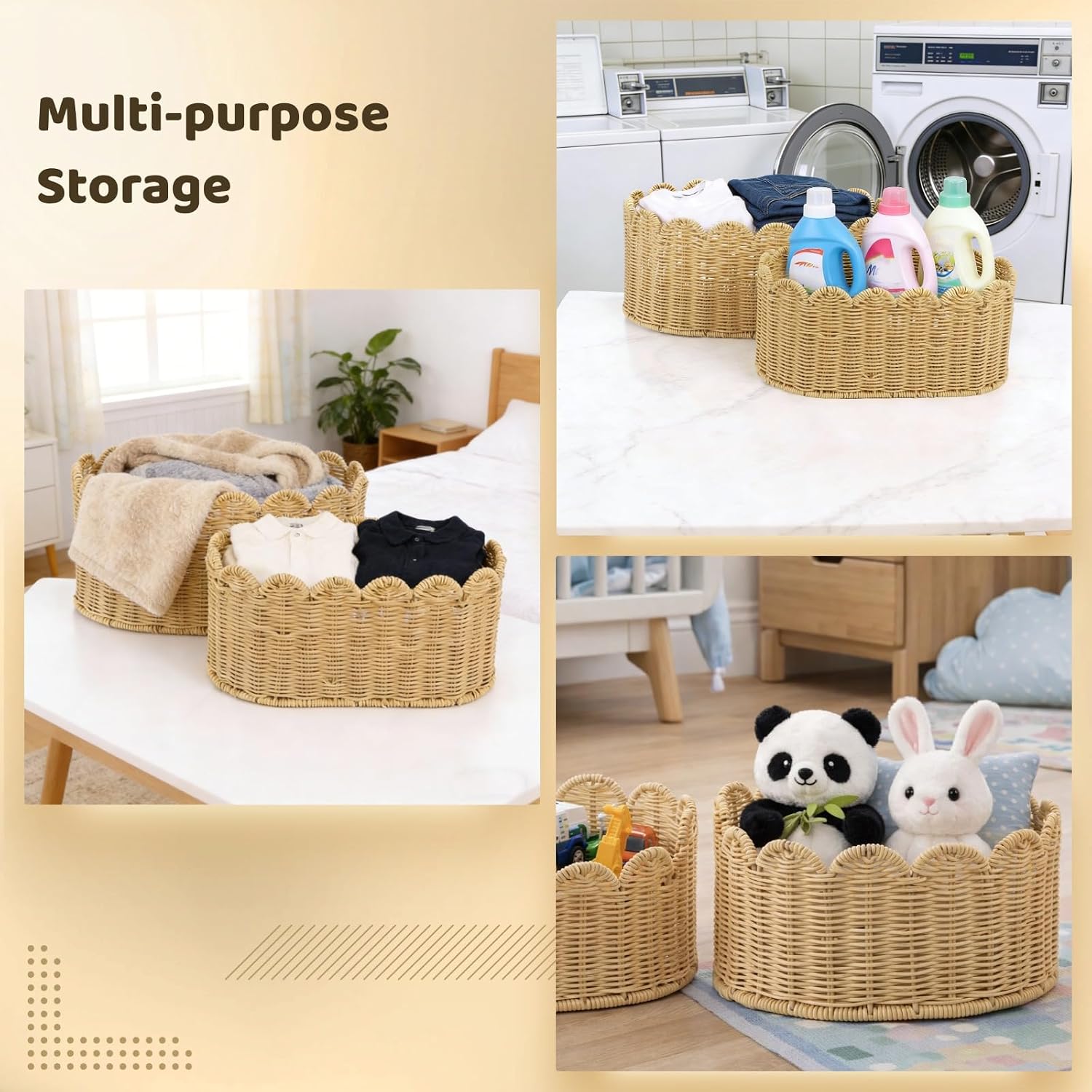 Scalloped Basket Set of 2, Woven Imitation Rattan Storage Baskets, Large & Small Organizer Bins with Scalloped Edges, Rectangular Open Top Containers for Clothes, Toys, Snacks