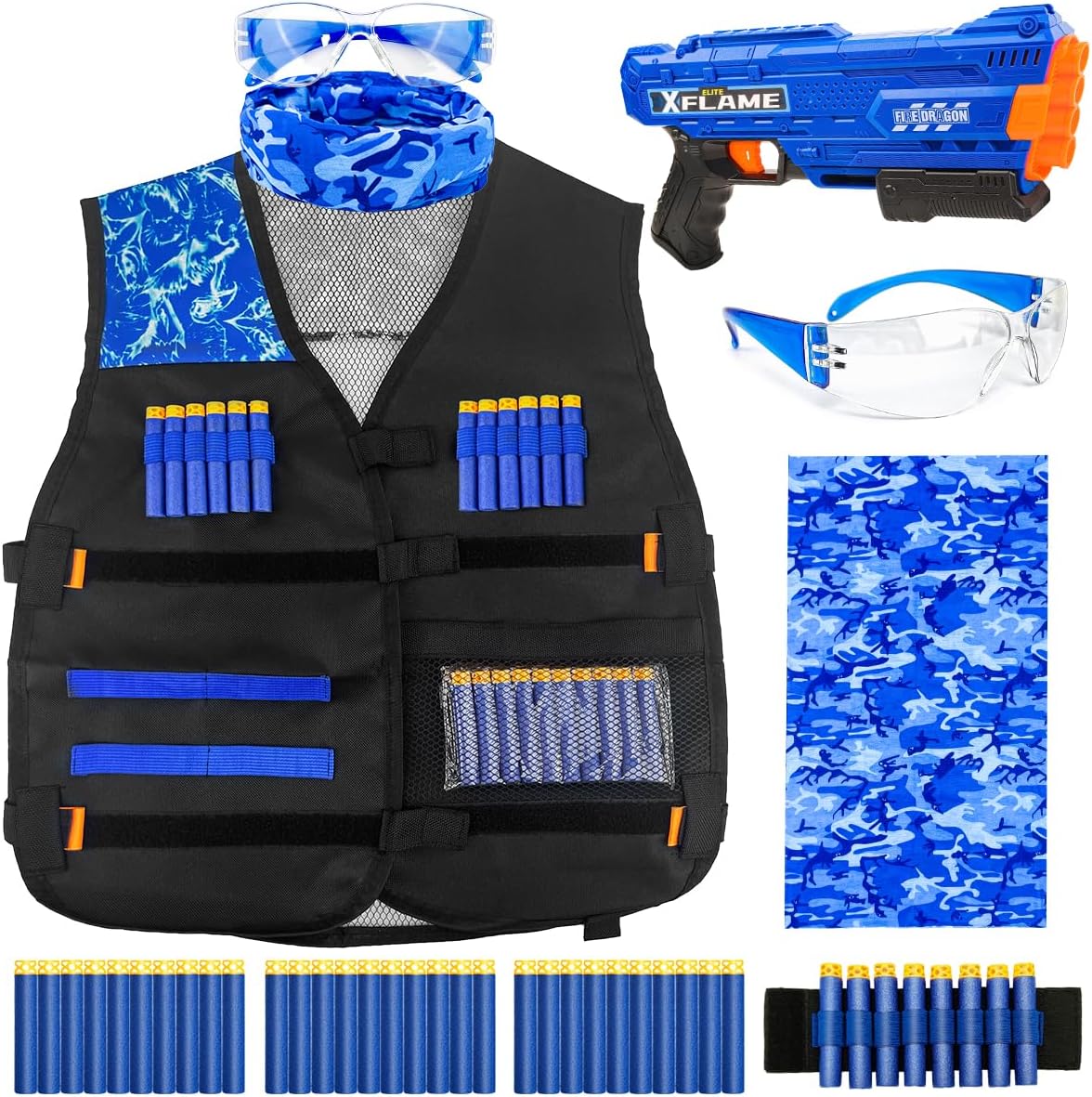 Banvih Tactical Vest Kit for Kids Compatible with Nerf – Toys Gifts for Boys Ages 5–12 – Tactical Vest, Big Dart Gun, 30 Foam Darts, Goggles, Wristband & Face Mask