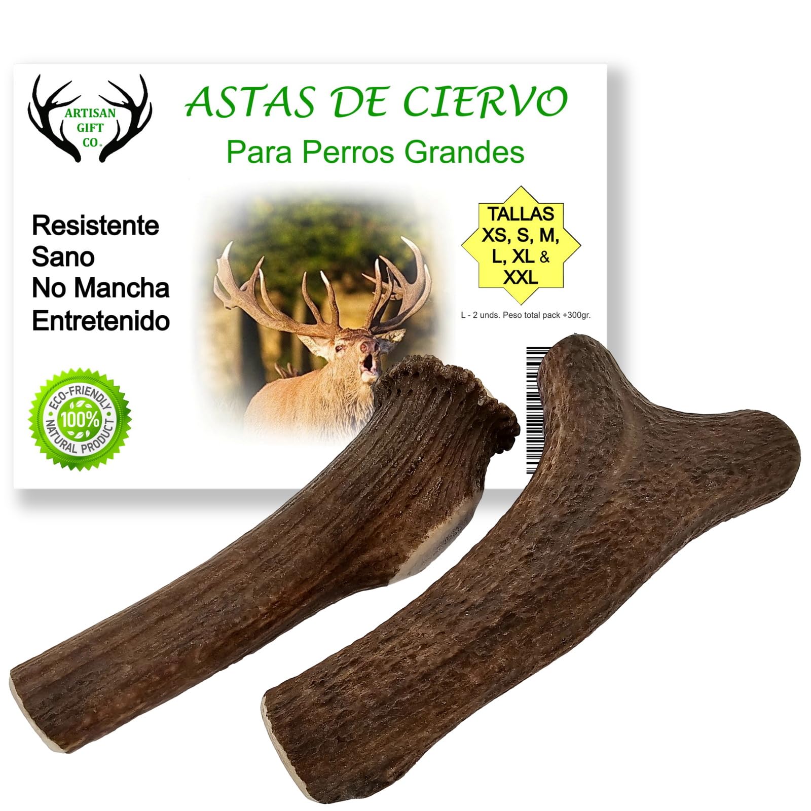 ARTISAN GIFT CO Asta de Ciervo para Perros, Mordedores 100% Naturales - Peso Total 300 gr.+ (L Pack 2 unds.)