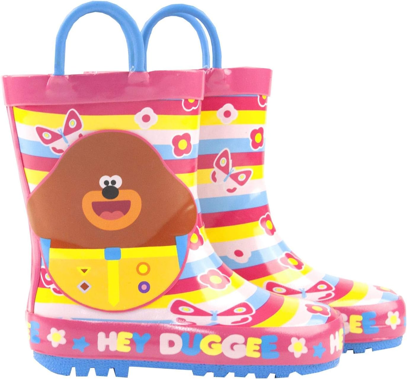 Hey Duggee Girls Pink Rain Boots with Handles | Striped Waterproof Footwear for Outdoor Play Pull-On Design