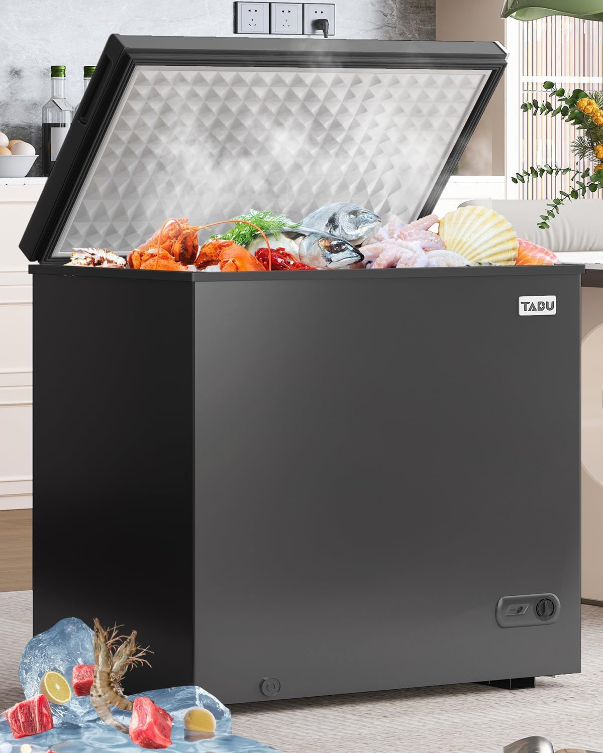 TABU 12.0 Cu Ft Chest Deep Freezer, Large Freestanding Chest Freezer with 7 Level Adjustable Thermostat, Compact Top-opening Deep Freezer with Removable Storage Basket, Black