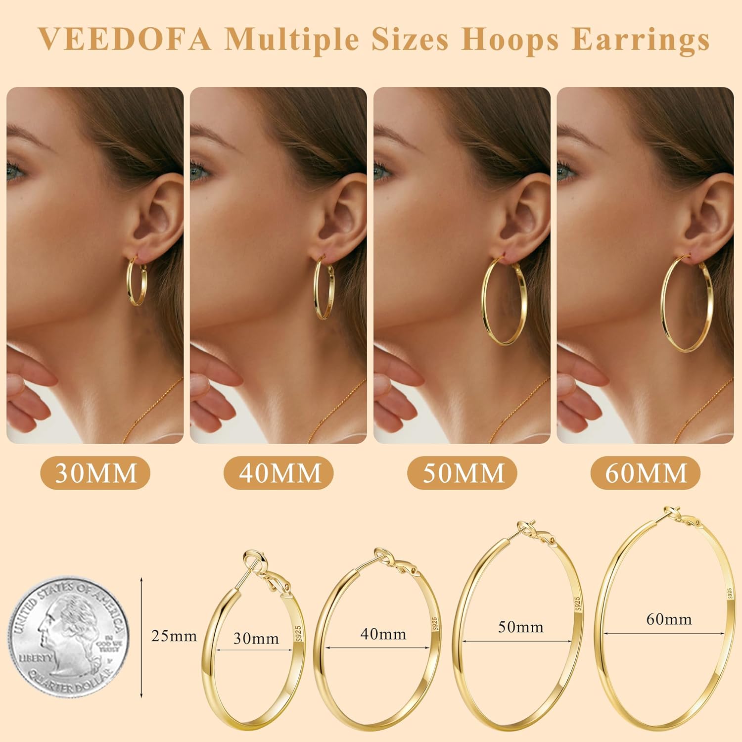 Gold Hoop Earrings for Women, Hypoallergenic 14K Gold Plated Hoops, Lightweight Sterling Silver Earrings for Women Jewelry Gifts 30/40/50/60MM - Image 5