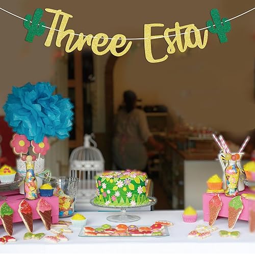 Miniatura 6 de Cartel de tres Esta con purpurina dorada, decoraciones de fiesta de tercer cumpleaños, decoración de fiesta mexicana temática de tercer cumpleaños,