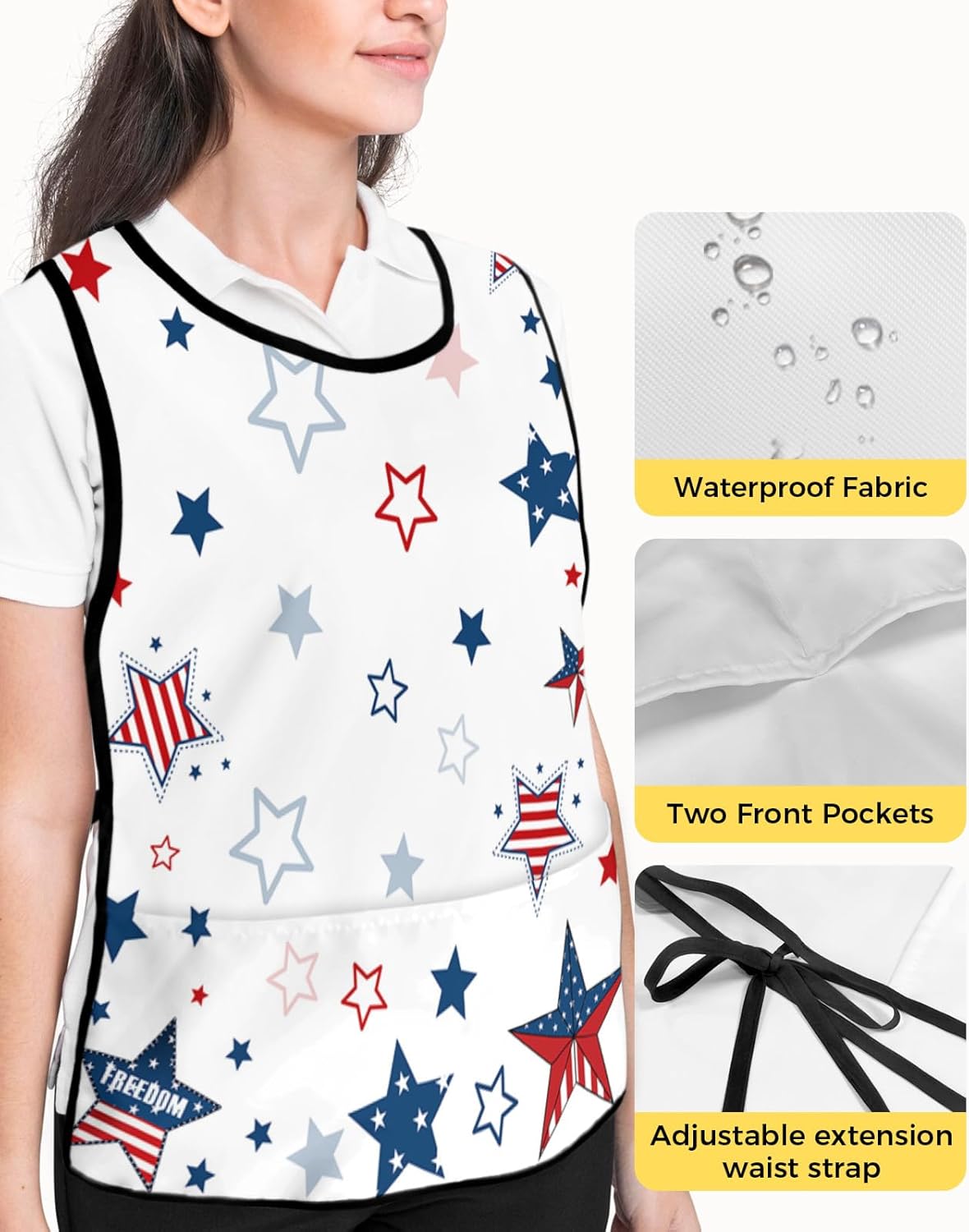 White Cobbler Aprons with 2 Pockets for Women Men,Fashionable Printed Unisex Bib Waterproof Cleaning Smock Vest for Chef Kitchen Independence Day Red Blue Country Patriotic Stars 2 Packs,20''x 31.5''