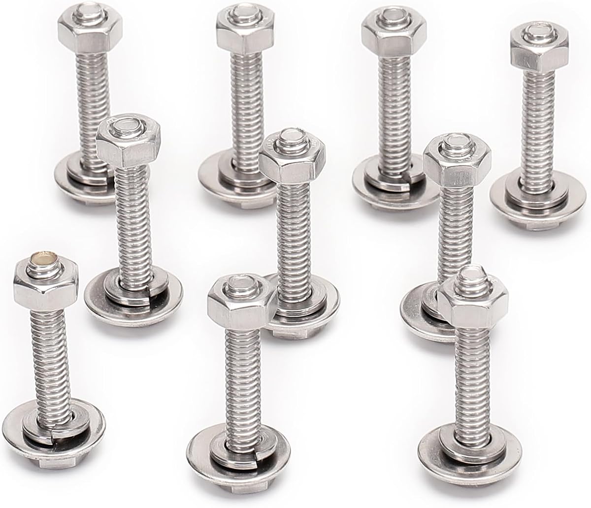 Juego completo de tornillos de cabeza hexagonal de 5/16-18x1-1/2, tuercas, arandelas planas para guardabarros, arandelas de seguridad divididas, totalmente roscado, acero inoxidable 18-8 (304), acabado brillante (10 juegos)