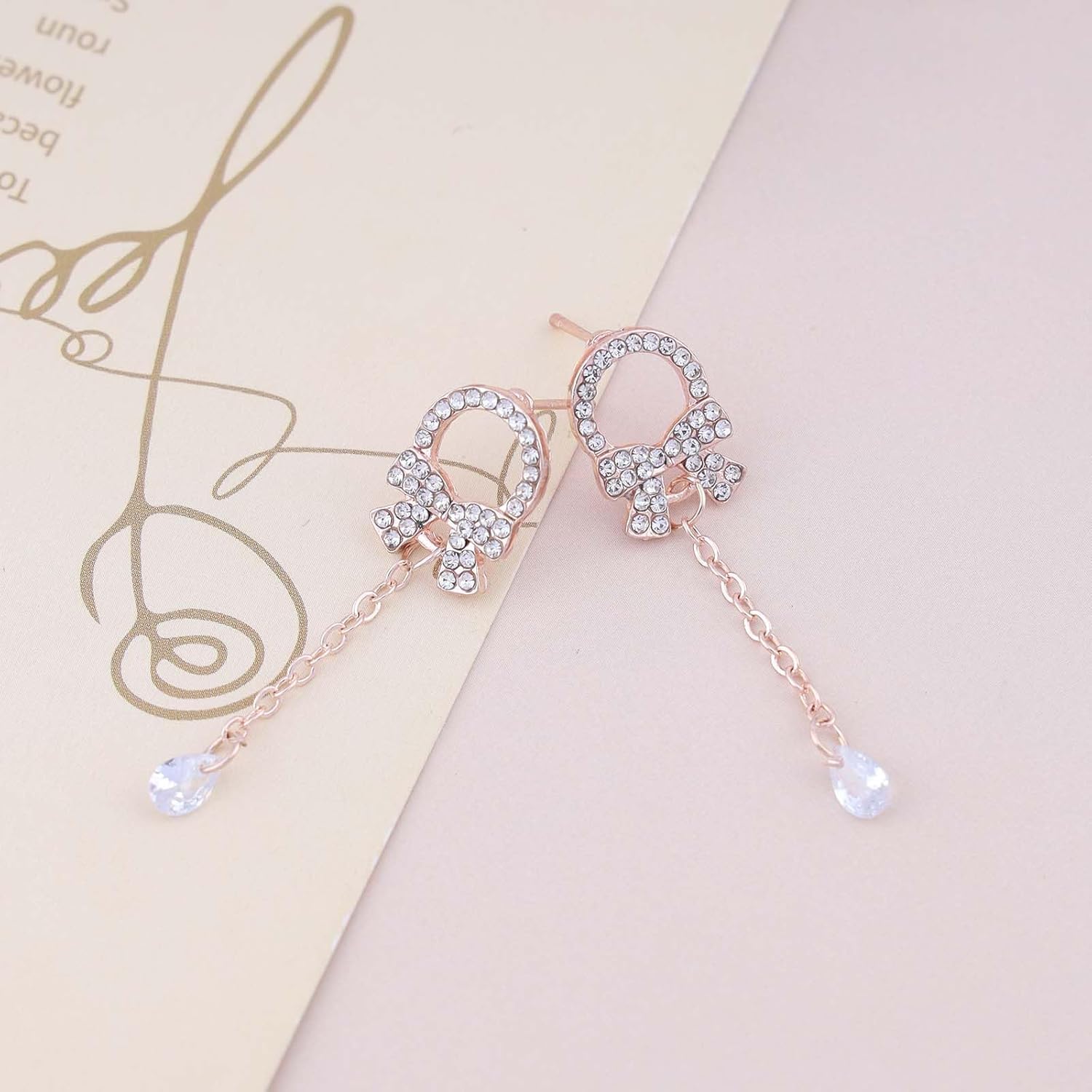 Vintage Crystal Bow Dangle Earrings Long Crystal Teardrop Earrings Gold Cz Circle Stud Earrings Rhinestone Bow Drop Earrings Jewelry for Women - Image 3