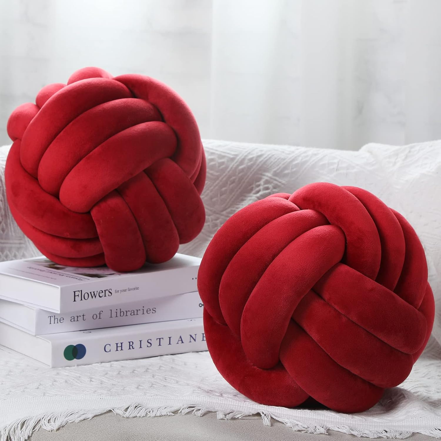 Namalu 2 Pieces Knot Ball Pillows Round Plush Aesthetic Cushion Pillows Soft Stress Relieving Cute Decorative Knotted Pillows for Kids Bed Sofa Bedroom Decor (Wine Red, 10.6 Inches)