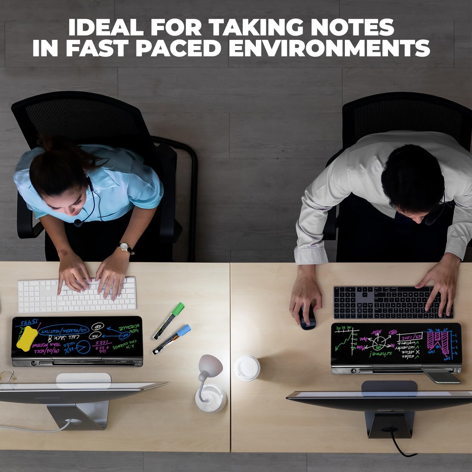 Desktop Dry Erase Board - Glass Erase Board - Black Desk Computer Buddy – Home Office & Studying Essentials - Phone & Tablet Slot, Storage Compartment - Includes 4 Markers, 1 Eraser.