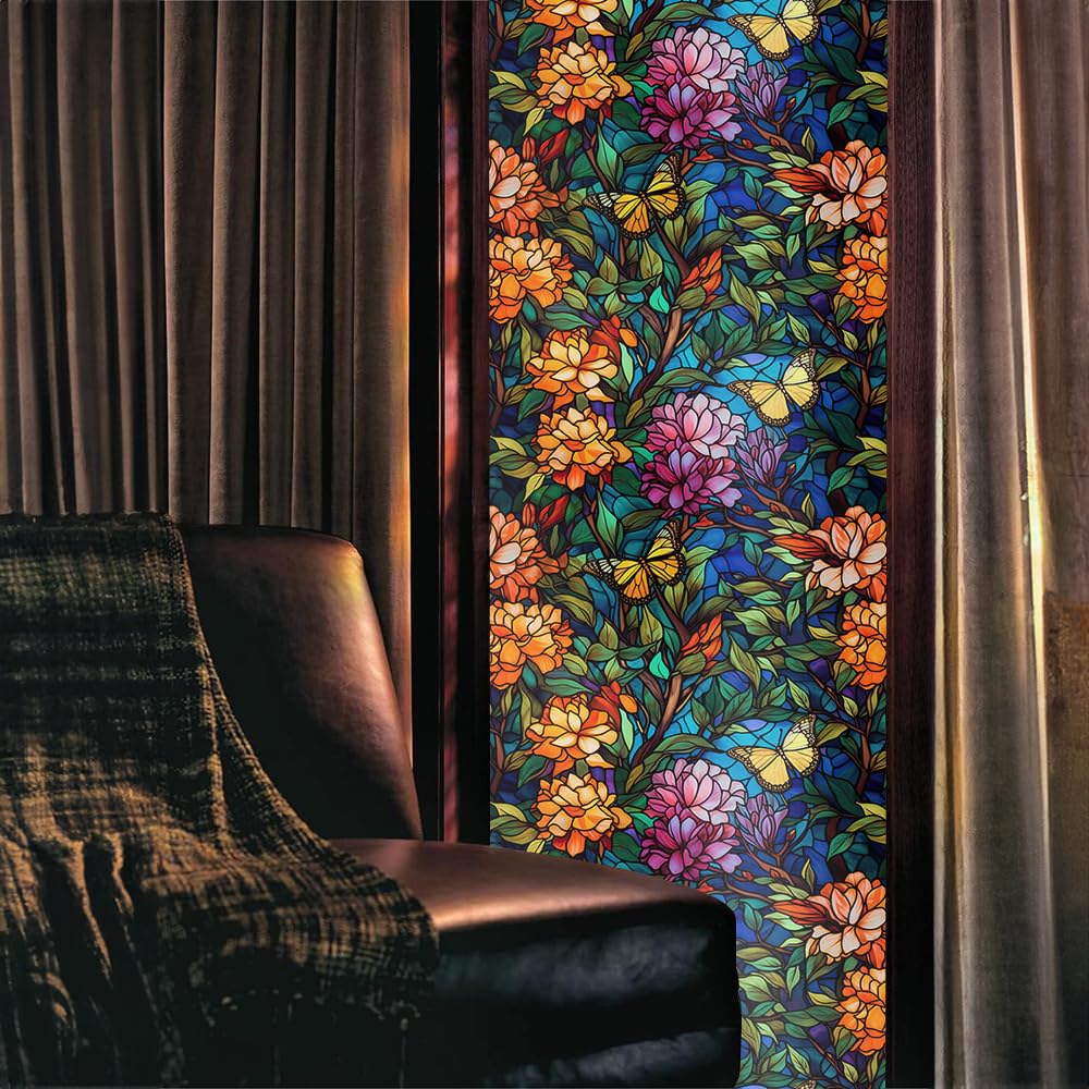 16“x118 Nature Stained Glass Flower Double Side Window Films Art Decorative Window Privacy Tinting Film Self-Adhesive Static Glass Window Clings Stickers for Living Room Bathroom Glass Windows Decor