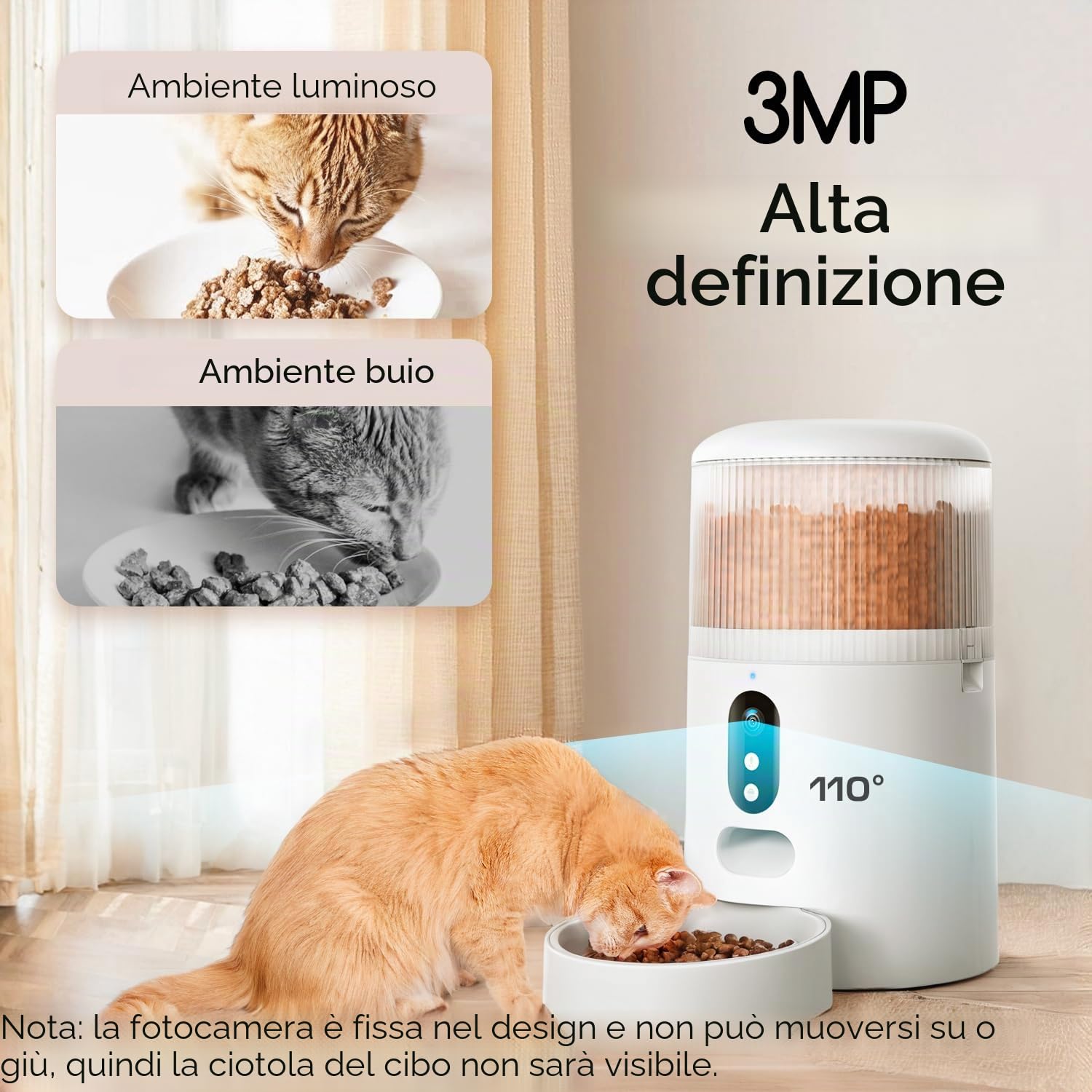 Faroro Mangiatoia Automatica per Gatti e Cani, Dosatore Cibo con Telecamera HD 3MP, Visione Notturna, WiFi 5G/2.4G, APP Controllo Remoto, Audio Bidirezionale, Timer, Sensore Cibo 4L