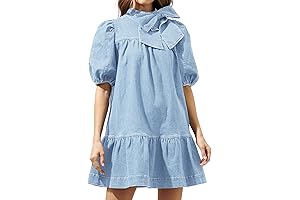 Women's Denim Shift Dress: Chic Style with Puffed Sleeves and Bow