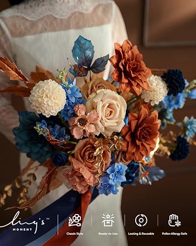 Miniatura 7 de Ling's Moment Juego de cajas combinadas de flores artificiales de color naranja quemado y azul marino, flores falsas de terracota para ramo de novia