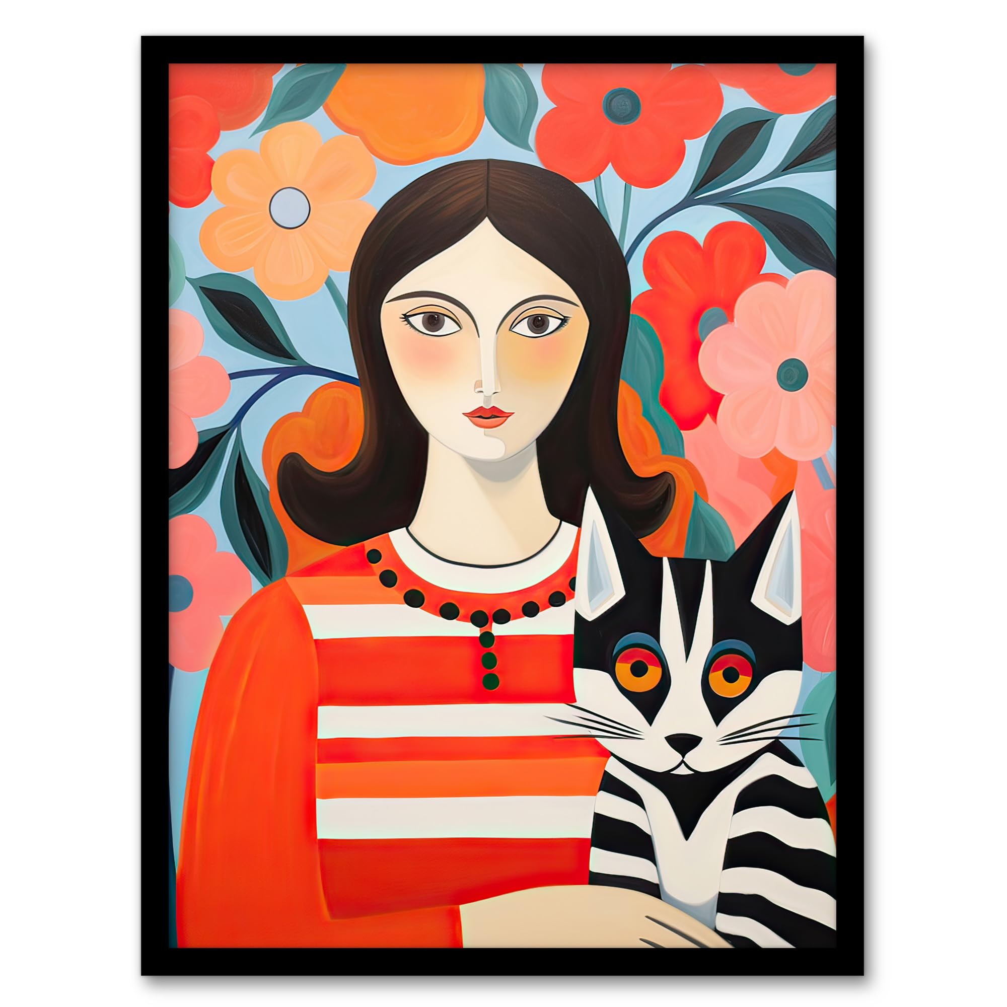 Artery8 Cat Woman Henri Matisse Style Floral Portrait Artwork Framed Wall Art Print 18X24 Inch