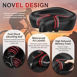 BLUEWIND Oversized Bike Seat, Wide Bicycle Saddle Novel Backrest Design for Electric Bike, Universal Fit Exercise or Road Stationary Bike Seat Cushion for Men & Women (Red)
