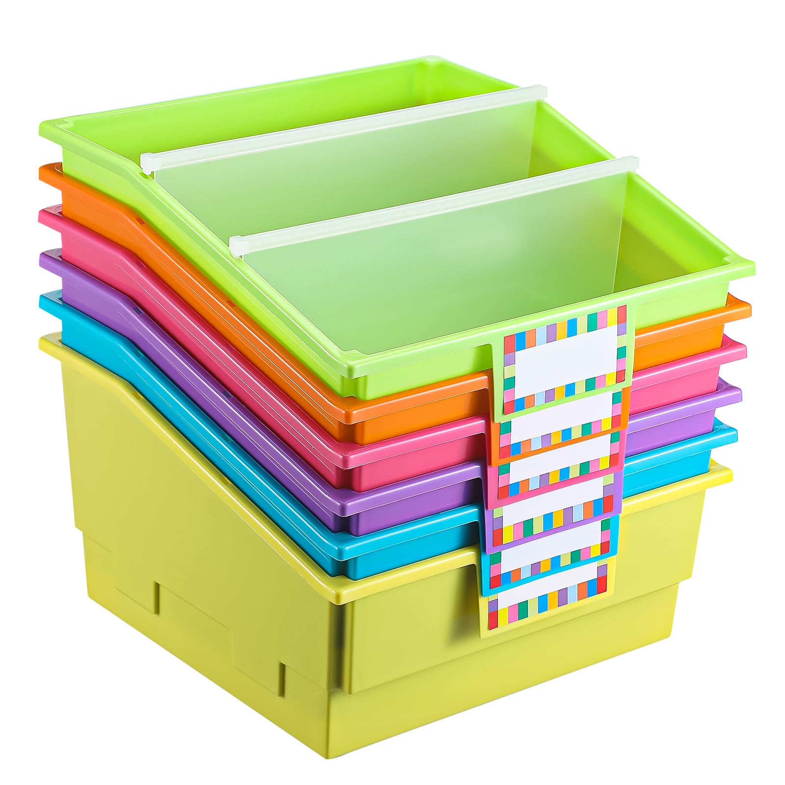 Lineshading Set di 6 contenitori per libri in plastica, con divisori ed etichette, per biblioteca, documenti, riviste, organizer (colore neon)