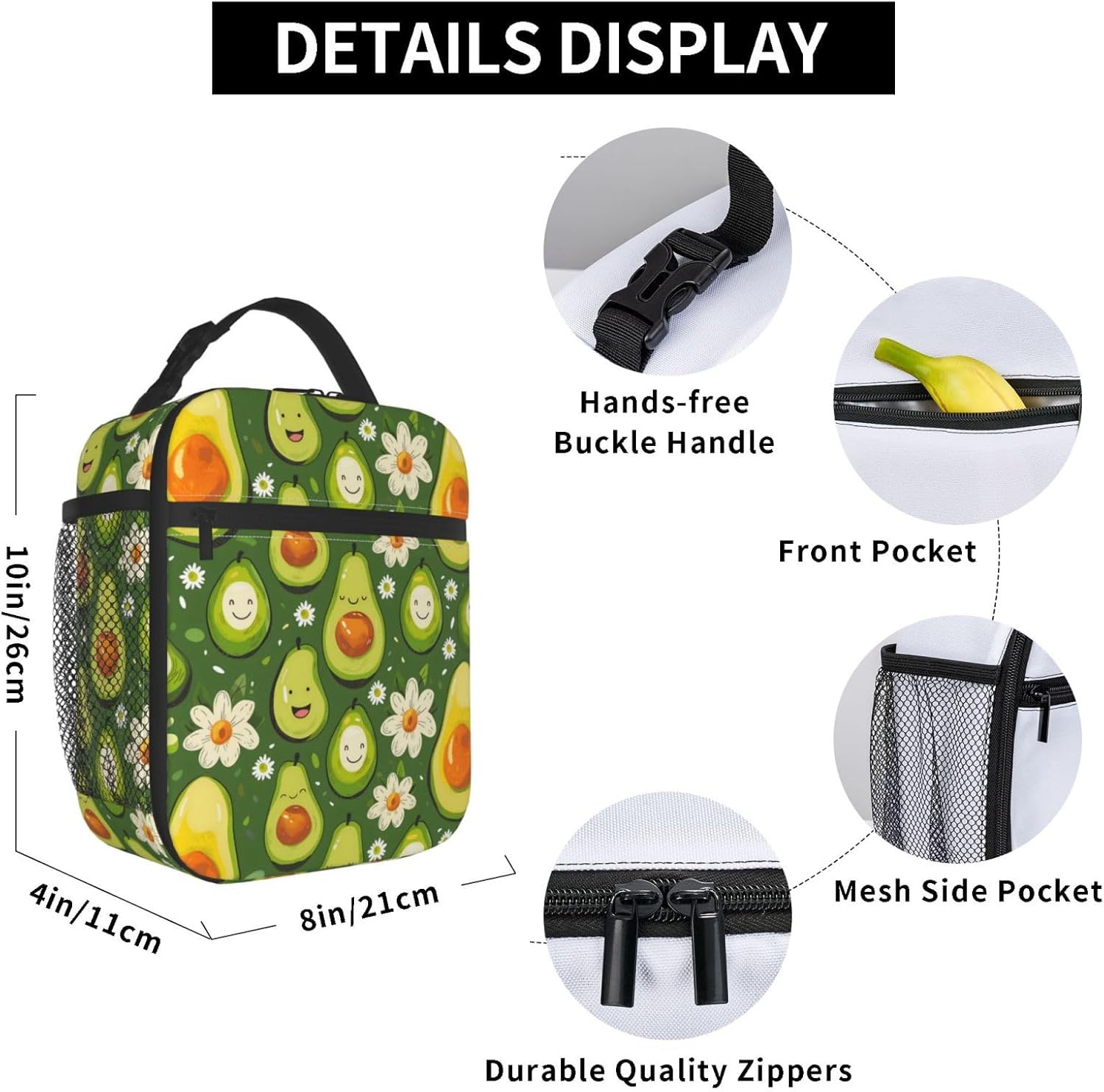 Insulated Lunch Box for Women Men, Avocado Theme Lunch Box Reusable Portable Lunch Bag Cooler Tote Waterproof Lunch Container for Office Picnic Work Travel - Image 6