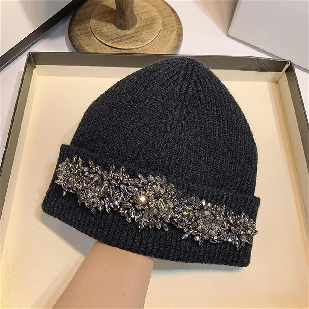 Autumn/Winter Heavy Handmade Rhinestone Knitted Hat Korean Black Woolen Travel Warm Ear Protection Cap