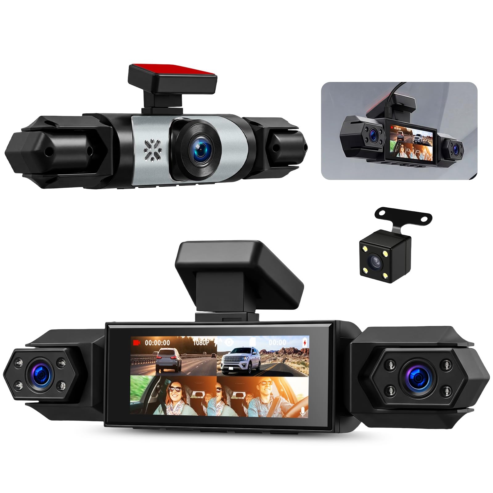 Cámara de Salpicadero 4 Canales 1080p Pantalla IPS 3,16 pulgadas 4 Cámaras para Visión Envolvente de 360° Grabación en Bucle Detección Movimiento Visión Nocturna Asistencia Marcha Atrás DVR para coche