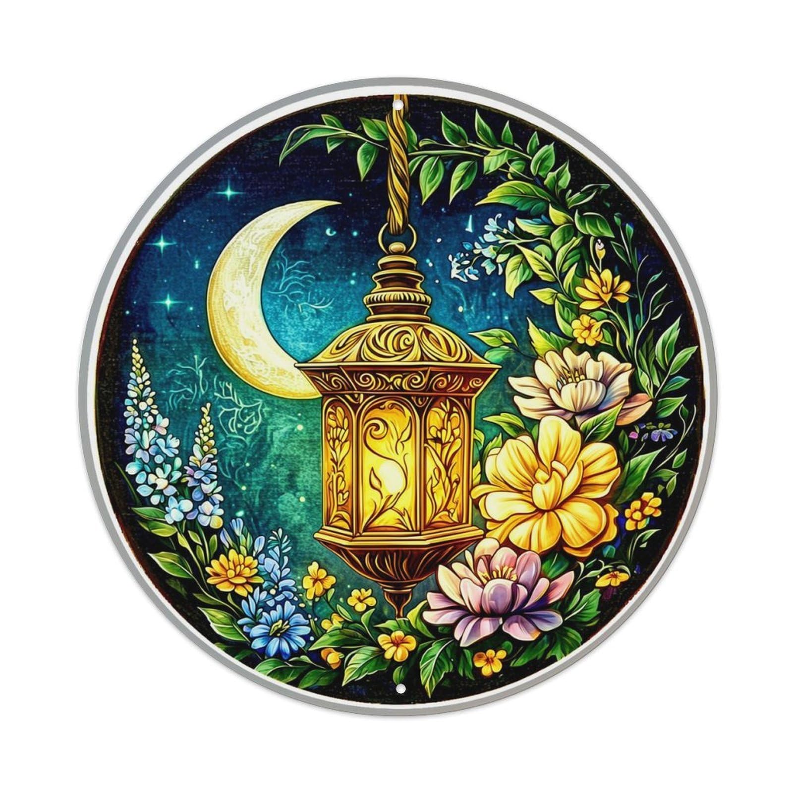 Ornate Lantern Moonlit Floral Wreath Retro Metal Tin Sign, Vintage Metal Poster for home, Gaming Room, Studio Workshop,Bar,Garage Wall Art Decor 8x8 inch