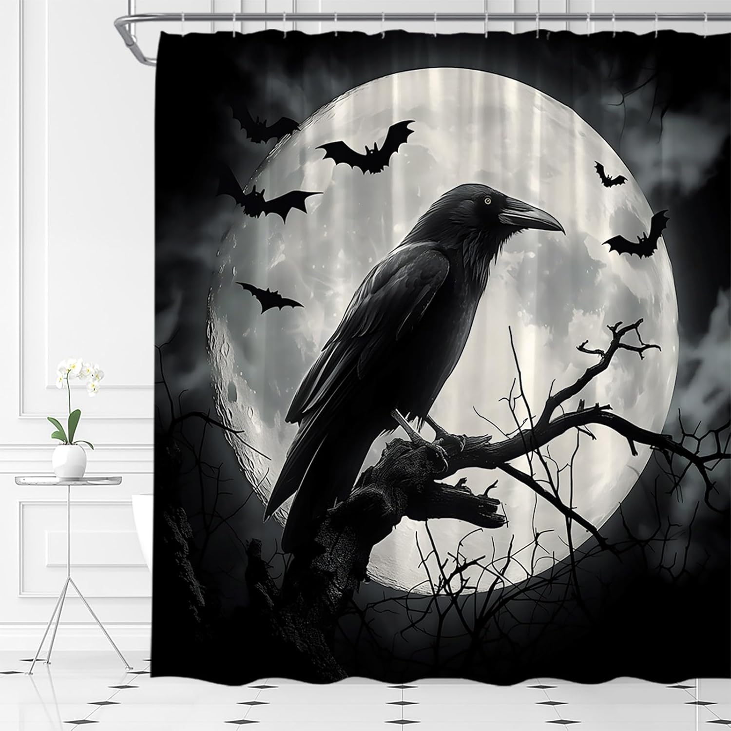 Halloween Shower Curtain Scary Crow Creepy Raven Bats Full Moon Dead Tree Gothic Horror Night Fabric Bathroom Decor Set with Hooks,(70" Wx84 H)