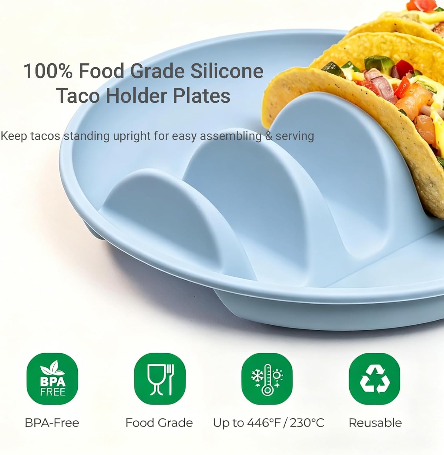 Silicone Taco Holder Plates, 2-Pack Taco Plate Tray for 4 Tacos, Taco Stands for Soft & Hard Shells, Taco Night Serving Plates with Compartments, Stackable & Dishwasher Safe