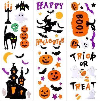 JOICEE 6 Sheets Halloween Gel Window Clings,Happy Halloween Pumpkins Witch Ghost Bats Castle Thick Gel Window Stickers Decals for Home Classroom Window Party Decor