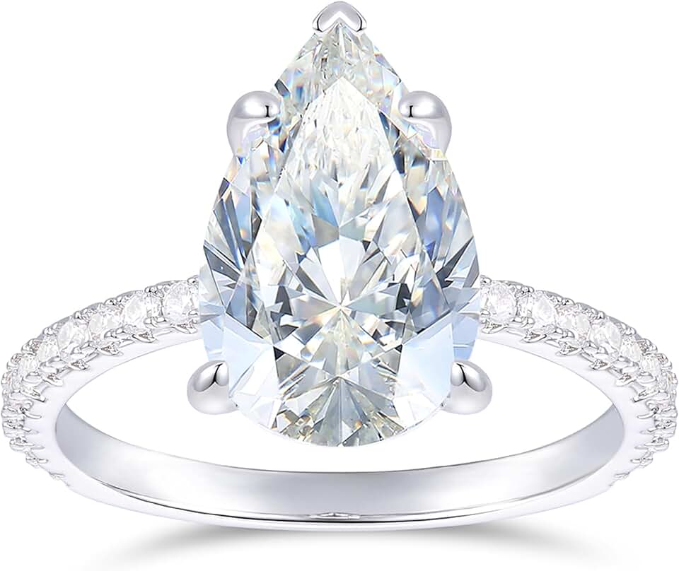 Lispark 14K White Gold Pear Engagement Ring 3 Carat Pear Cut Moissanite Engagement Rings 5-Prong Hidden Halo Moissanite Rings for Women
