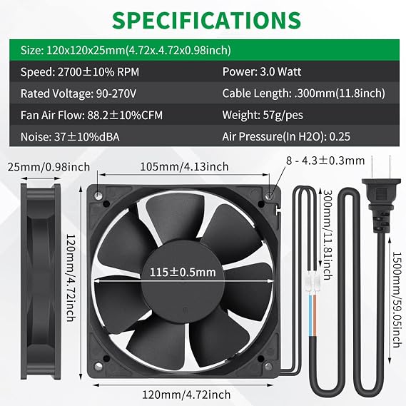 Küçük 120mm x 25mm EC 4 İnç Fırçasız Eksenel Fan, AC Fişli 110v 120v 220v 240v DIY Mini Kutu için Çift Bilyalı, Elektronik Kabin Egzozu, Bitki Büyümesi için Soğutma Havalandırması