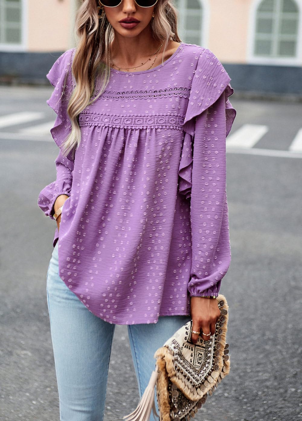 Chemisier Femme Chic Et Élégant,Chemisier Femme Chemises À Manches Longues Violet Solide Col Rond Bordure en Dentelle À Pois Volants Chemise Pull Plissée Élégante Chemise Décontractée Lâch