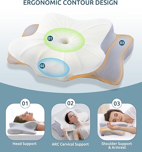 Miniatura 2 de FAIORD Almohada cervical para aliviar el dolor de cuello, almohadas ergonómicas de espuma viscoelástica para dormir con funda de almohada lavable,