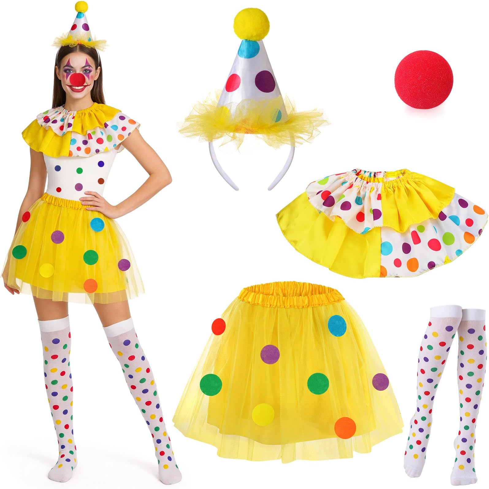 Clown Costume Women's Tutu Skirt Collar Headband Clown Nose Costume Jester Circus Woman Dress Carnival Halloween