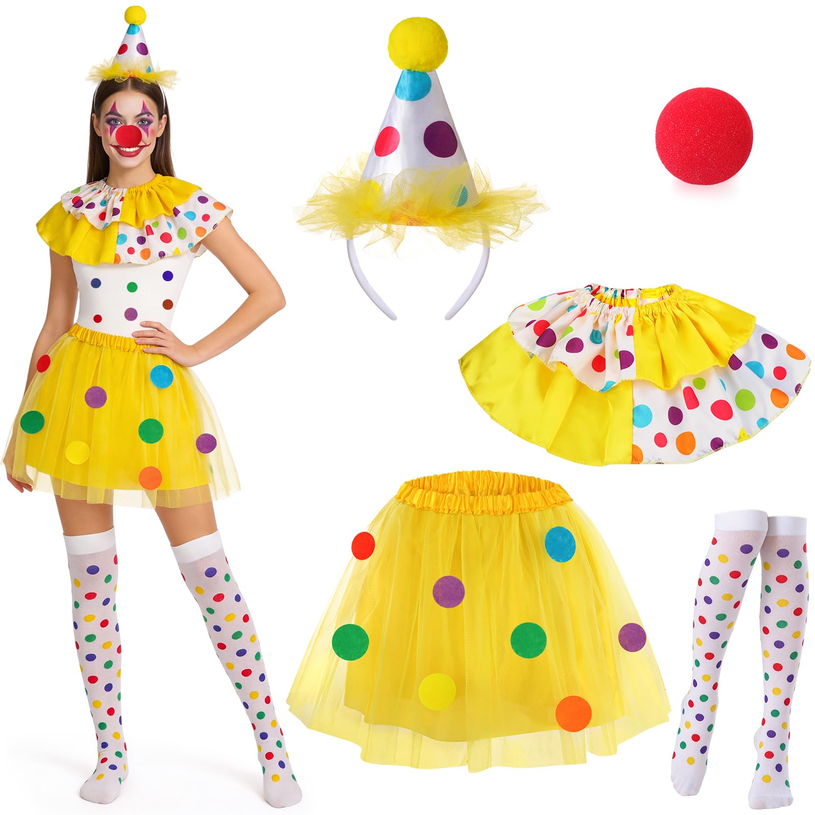 Clown Costume Women's Tutu Skirt Collar Headband Clown Nose Costume Jester Circus Woman Dress Carnival Halloween