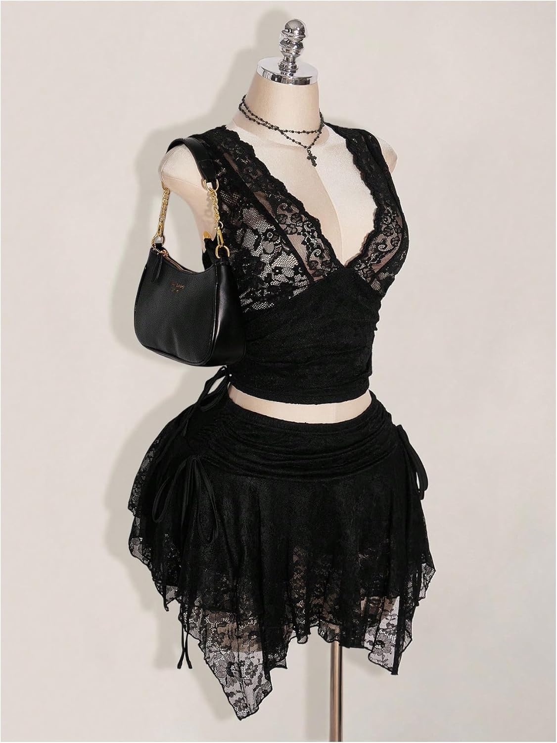 SHENHE Women's Plus Size Lace Gothic Mini Skirt Y2k Ruched Asymmetrical Layered Ruffle Skirt - Image 4