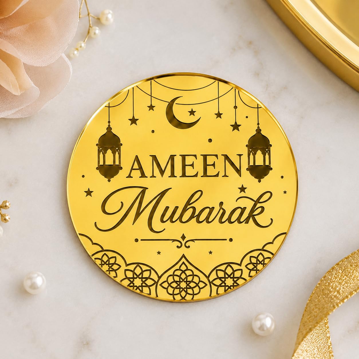6 Ameen Mubarak Cupcake Discs, Gold Acrylic Cupcake Disc, Toppers, Cake Topper, Decorations.