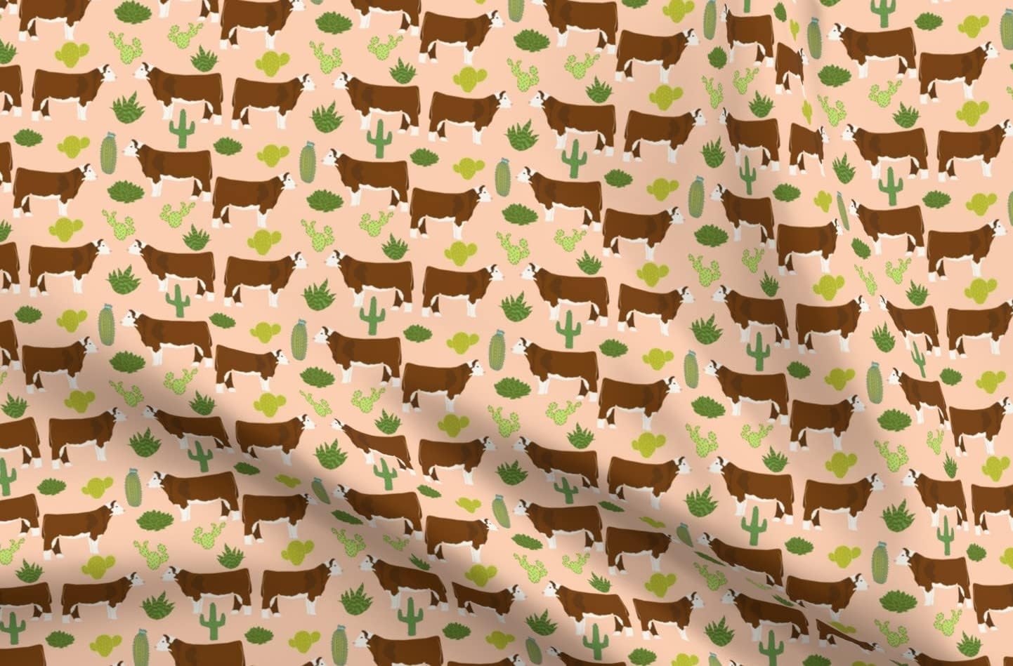 Spoonflower Fabric - Hereford Cow Cattle Cactus Peach Farm Animals Animal Southwestern Pet Printed on Organic Cotton Sateen Fabric by The Yard - Sewing Quilting Apparel Home Decor