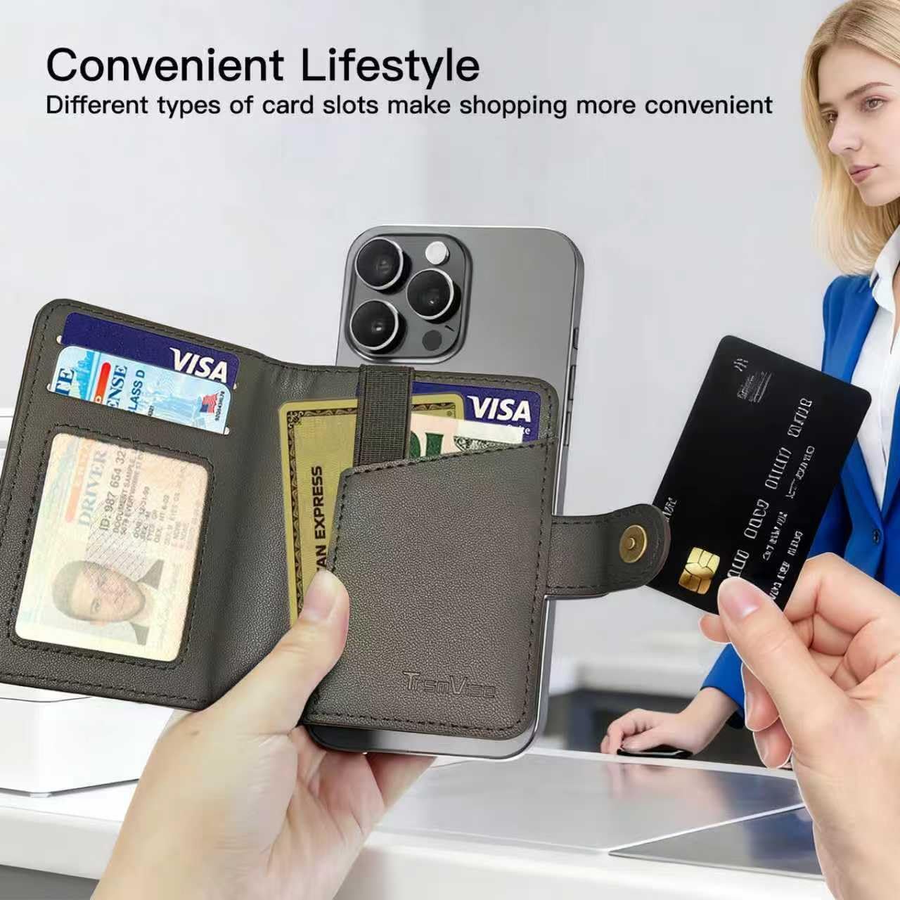 for MagSafe Phone Wallet Magnetic Card Holder for iPhone 17/16/15/14/13/12/Pro/Max/Plus,RFID Blocking Strong Magnet Wallets for MagSafe Phones and Cases,Hold 5 Cards,Strap Stand Leather Black - Image 5