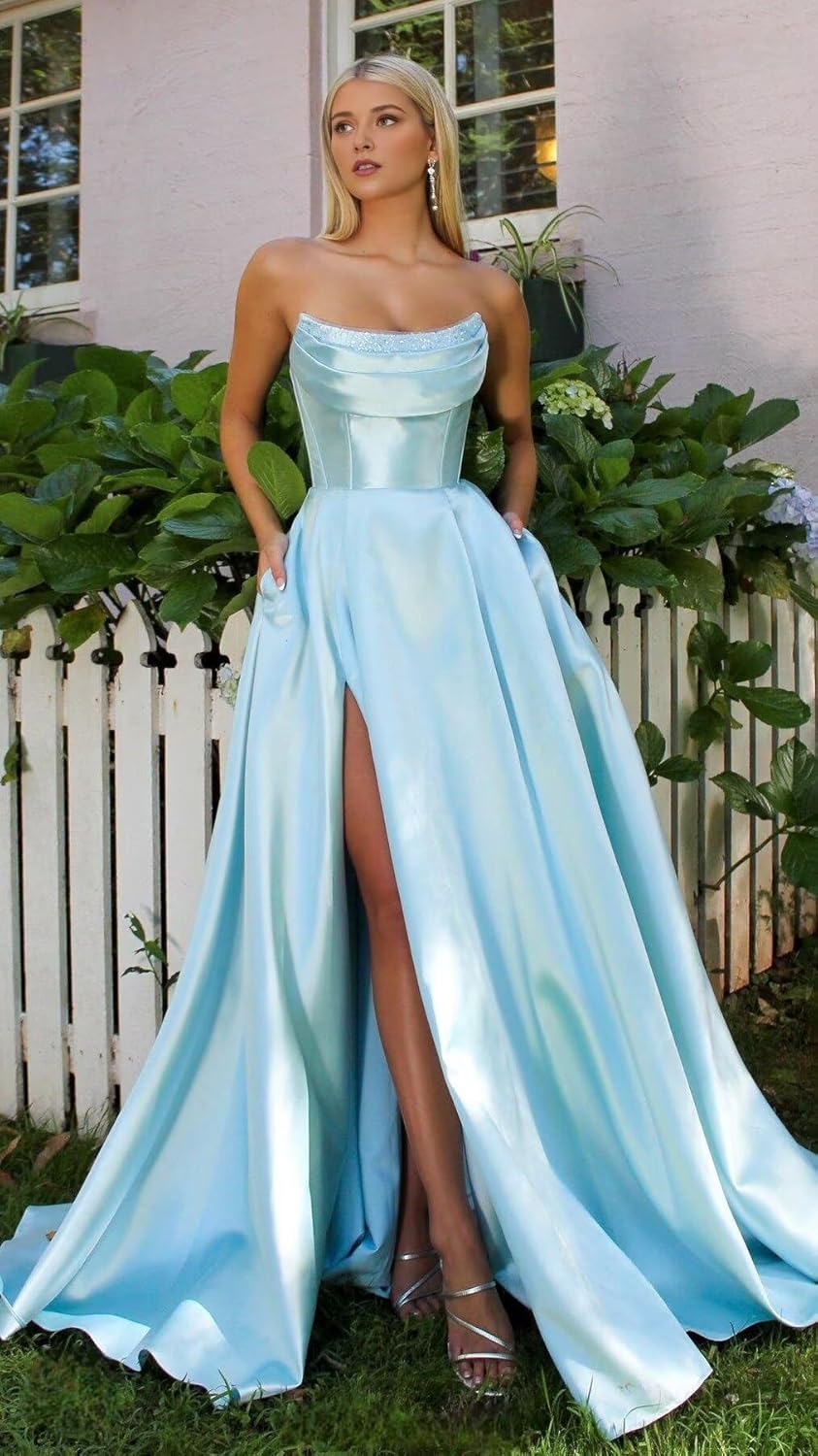 Strapless Satin Prom Dresses with Slit 2025 Cowl Neck Long Corset Formal Dress A Line Ball Gowns