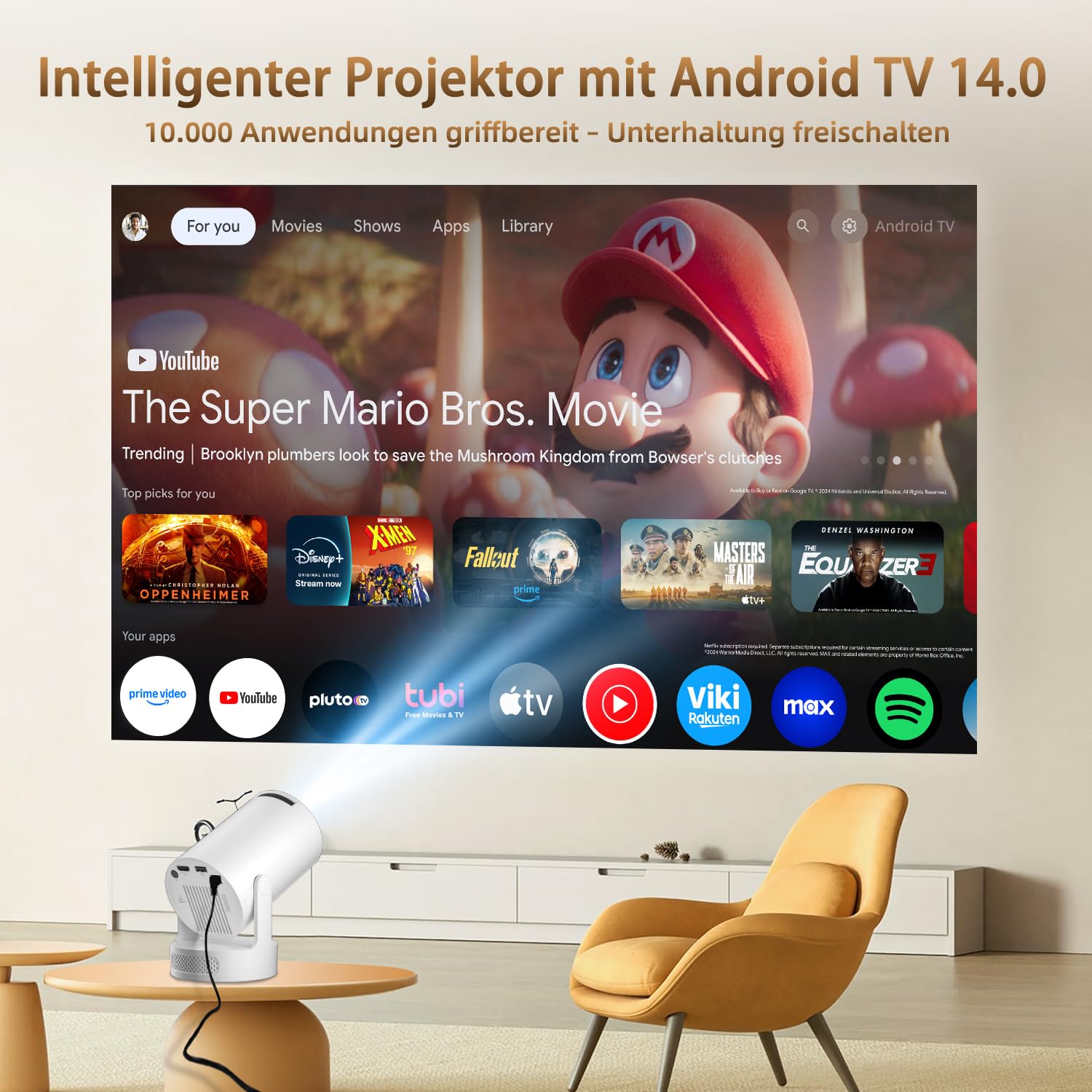 Mini proiettore 4K supportato, correzione trapezoidale auto con WiFi 6 BT, proiettore intelligente 4K FHD 1080P supporta Android 11.0, proiettore cellulare piccolo per esterni, girevole a 180°