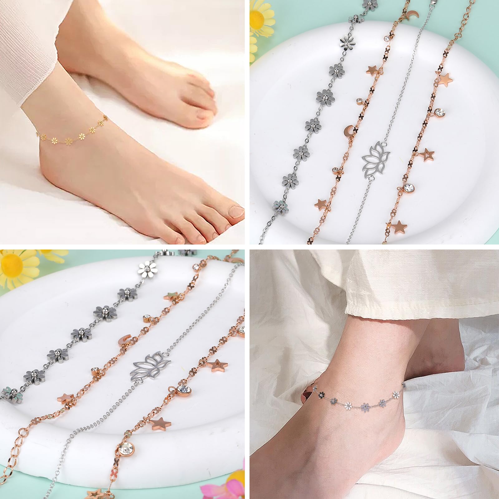 Cavigliere di Fiori Donna Cavigliera Regolabile Argento Bracciale Donna per Caviglia Regolabile Cavigliere in Acciaio per Donna Regalo Gioielli Donne Ragazze