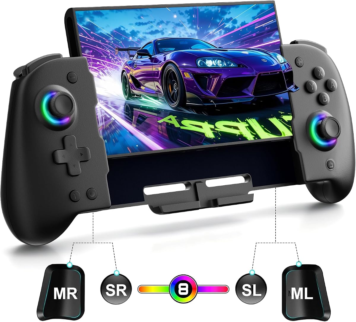 Puiseno Wireless Controllers for Switch, Compatible with Nintendo Switch/Switch OLED, One-Piece Handheld Controller Replacement for Switch Pro Controller with 6-Axis Gyro/Hall Effect Joysticks/8 Lights Color/Turbo/Macro/Dual Vibration/1000mAh Battery/4 Game Slot
