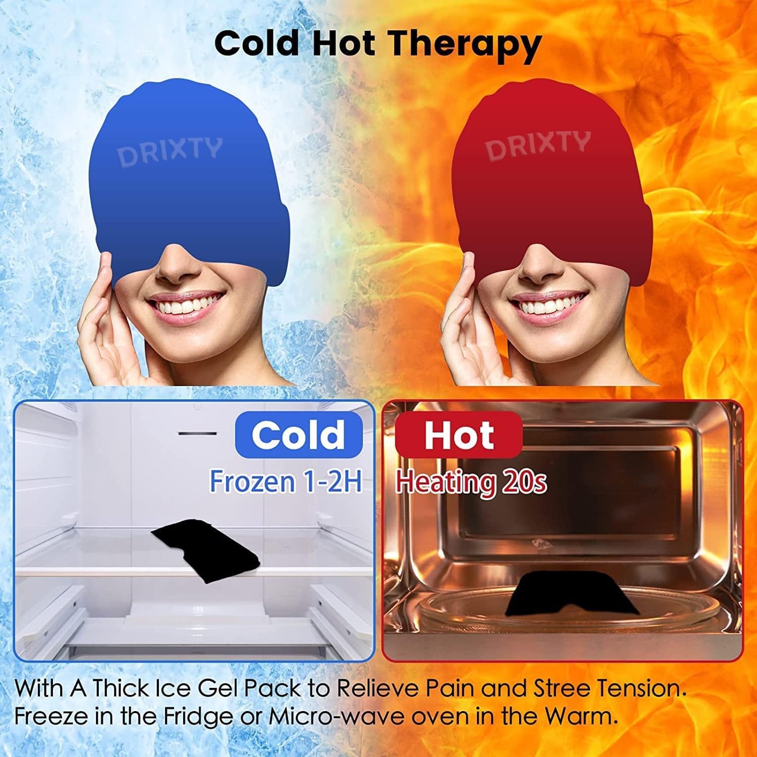 DRIZA Upgraded Wearable Hat for Migraine Headache Relief: 360° Compression, Hot/Cold Therapy, Odorless Gel, 4 Layer/Stretchable Mask, Sinus & Tension Relief, Comfortable for Men and Women (Multi) 3
