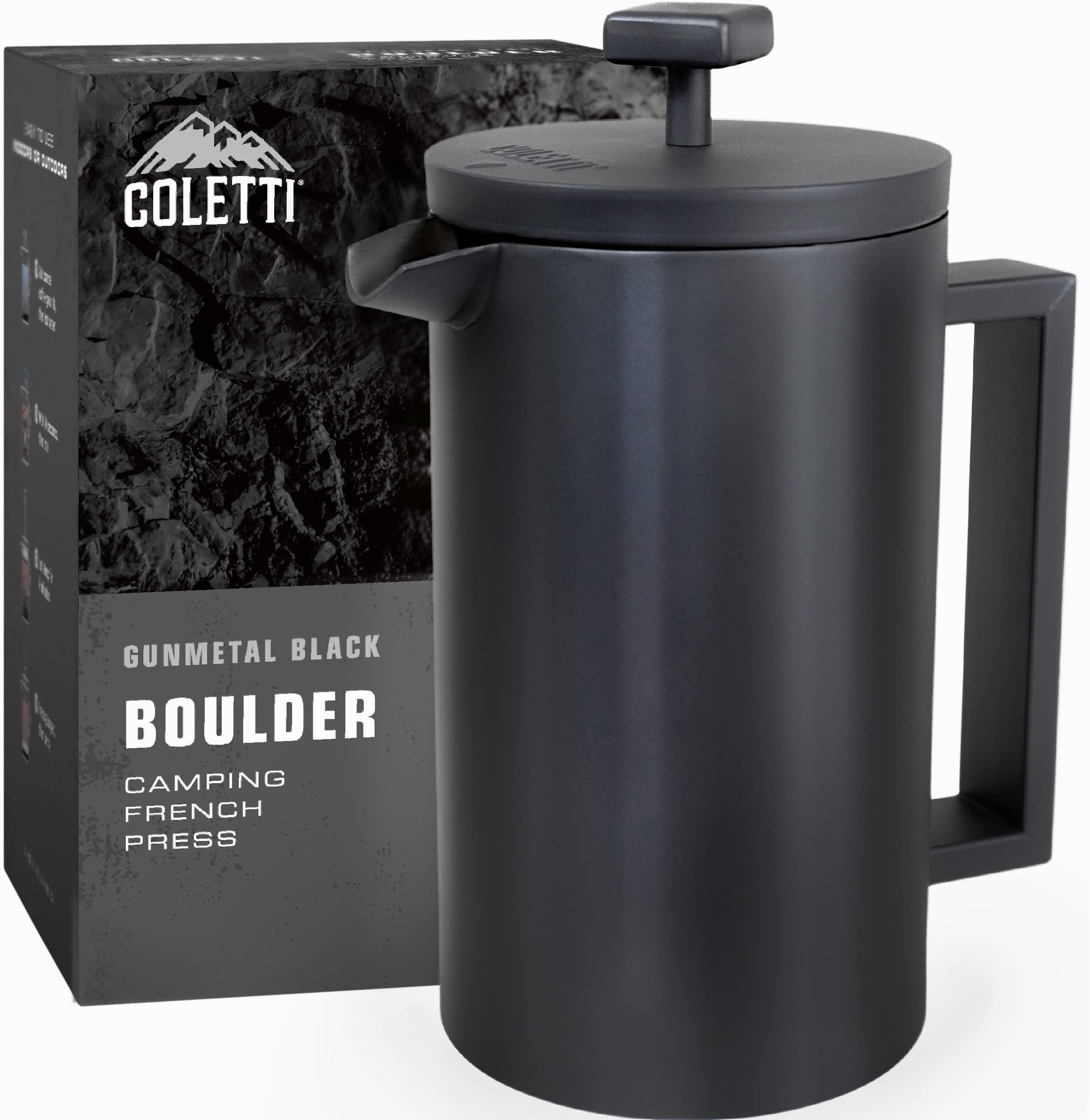 COLETTI Cerakoted Camping French Press โ Large Insulated French Press Coffee Maker - Metal Camp Coffee Press/Pot โ 10 CUP (42oz) โ The Boulder (An American Press) (Gunmetal Black)