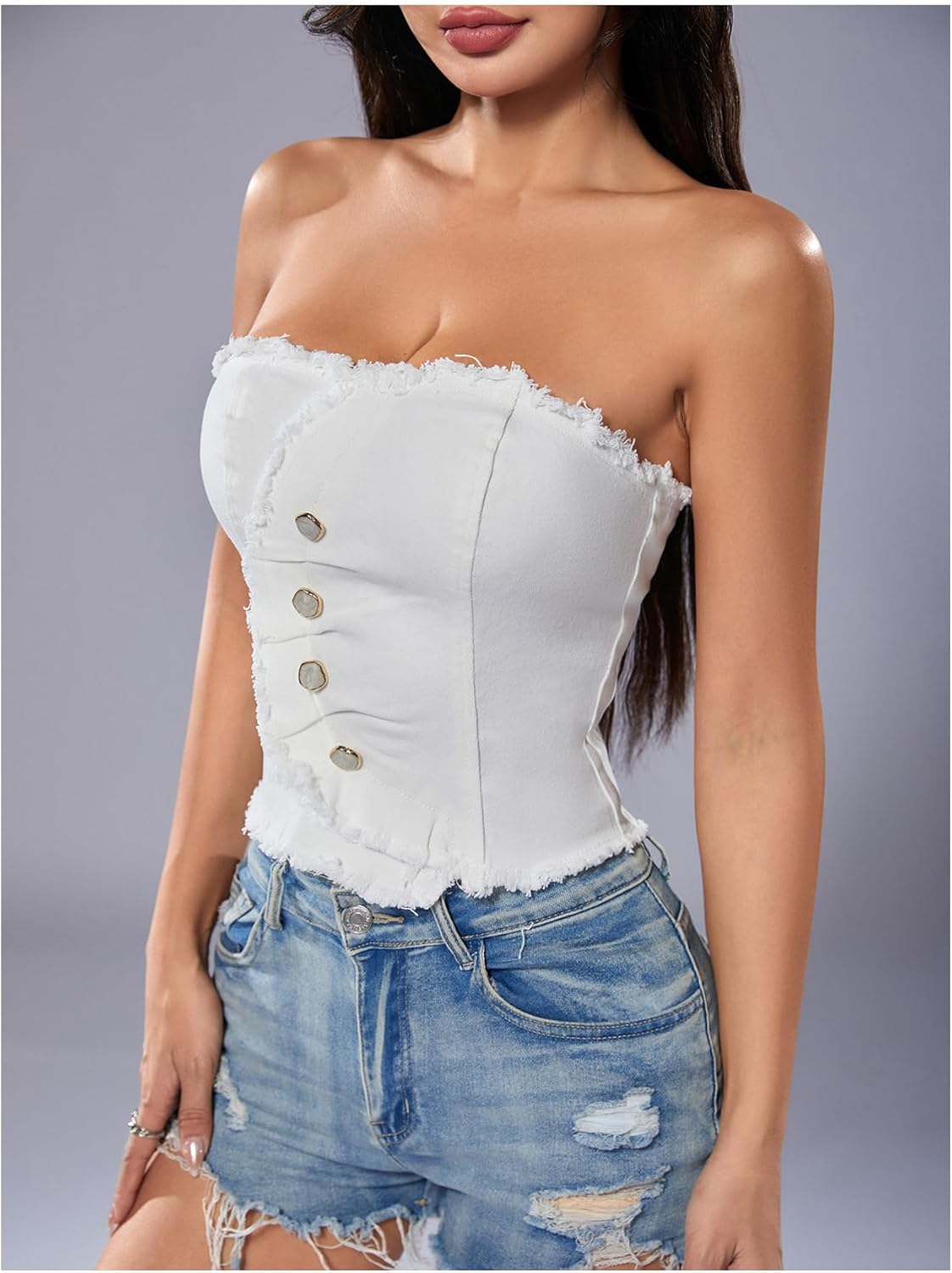 WDIRARA Women's Y2k Button Denim Tube Tops Strapless Asymmetrical Crop Top Sleeveless Zipper Back Bandeau - Image 3