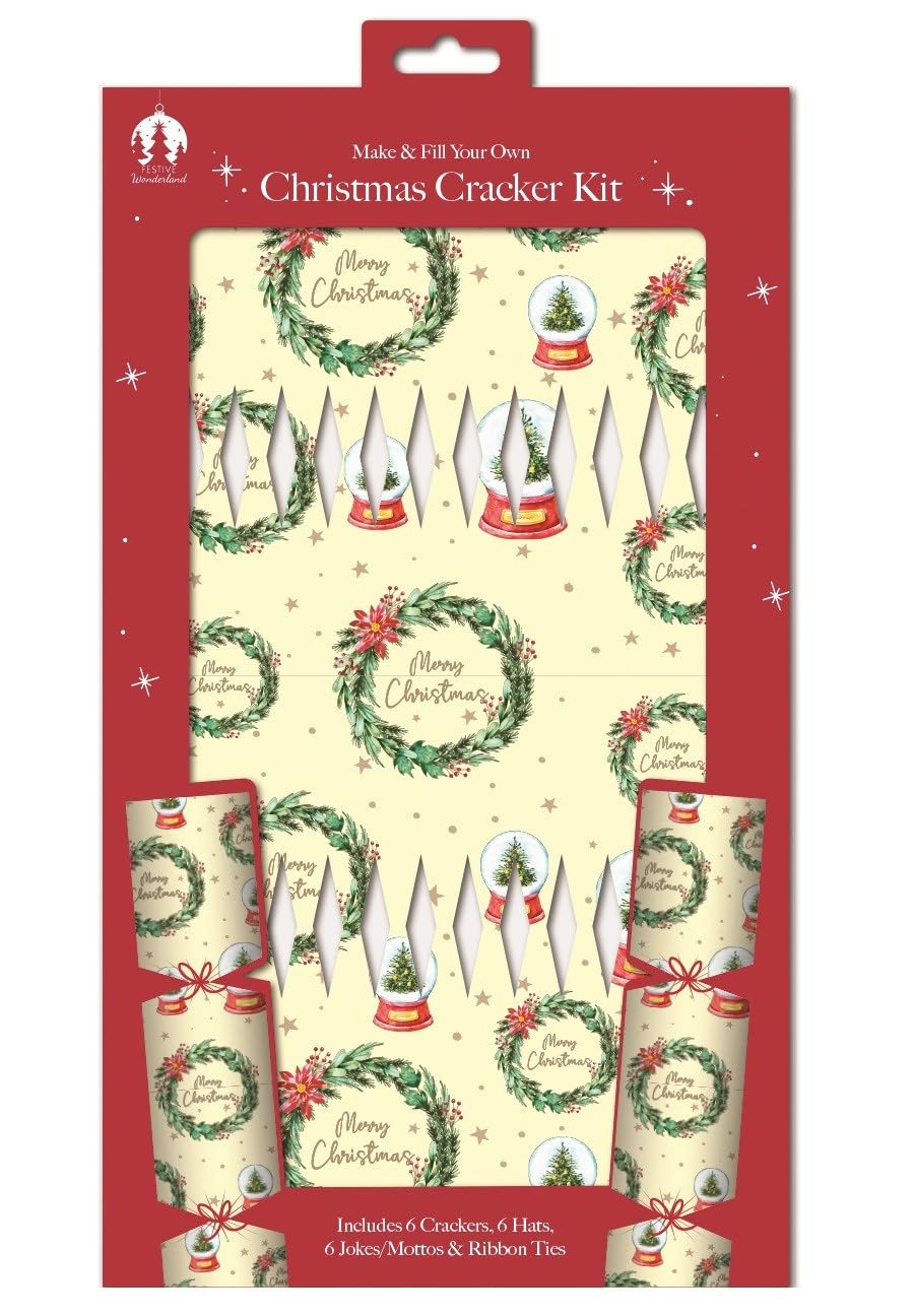 Quickdraw Cream Wreath Make & Fill Your Own Christmas Cracker Kit – Pack Of 6 Christmas Crackers With Hats, Jokes & Ribbons – Diy Arts & Crafts Activity – 35Cm Long – Add Your Own Gifts (Cream Wreath)