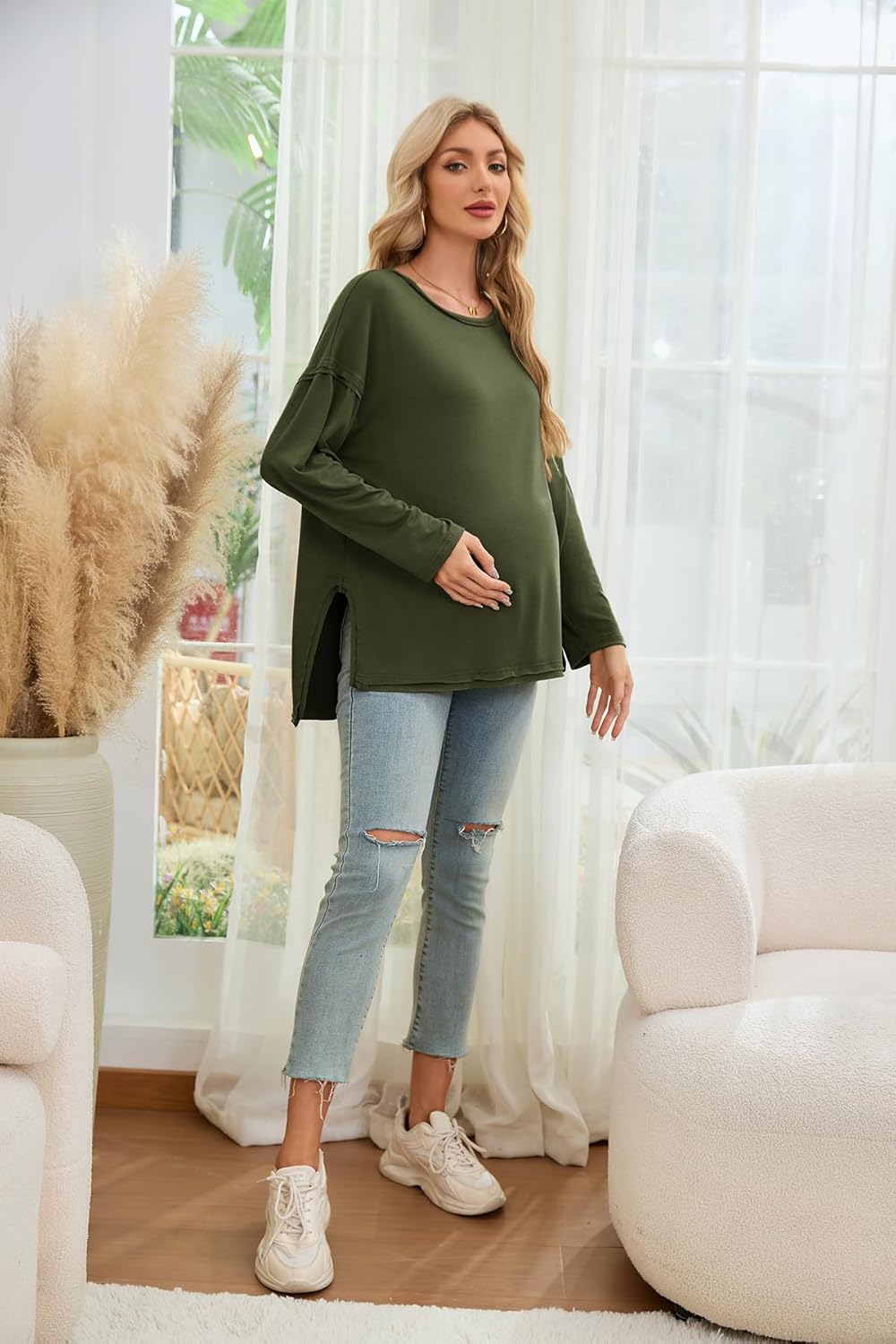 Smallshow Women's Long Sleeve Maternity Shirts Loose Tunic Pregnancy Tops - Image 3