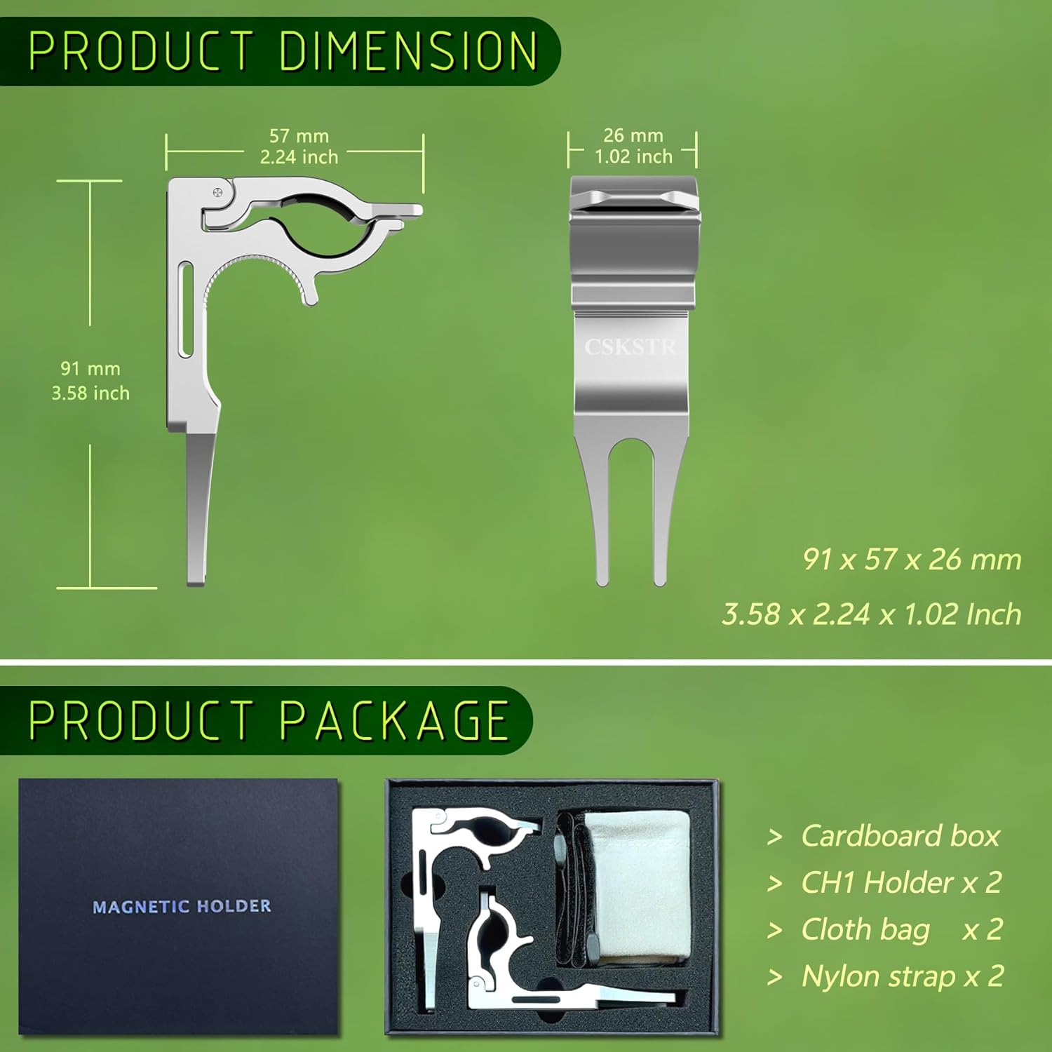 2-Pack Magnetic Sticks Holder for Golf Cart & Grass | 4-Point Strong Lock Sponge Pad Protection | Shining Silver Aluminum Alloy with CNC Machined | Fits 30-70 Ring Gauge | Divot Tools