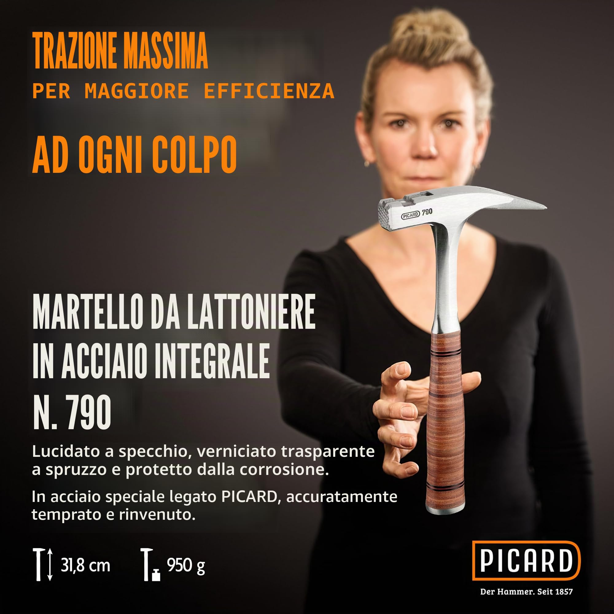 PICARD Martello da carpentiere, superficie scanalata , n. 790 + Pied-de-biche BlackGiant® + Adesivo | Martello da carpentiere professionale 800 g | Magnete porta chiodi | Martello