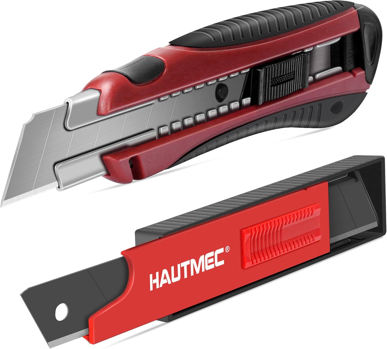 HAUTMEC 25mm Utility Knife Set, Heavy Duty Auto-Lock, Retractable Box Cutter, Wire Stripper Design, with extra 10pcs Ultra sharp Snap-off Sharp Blades HT0205-KN