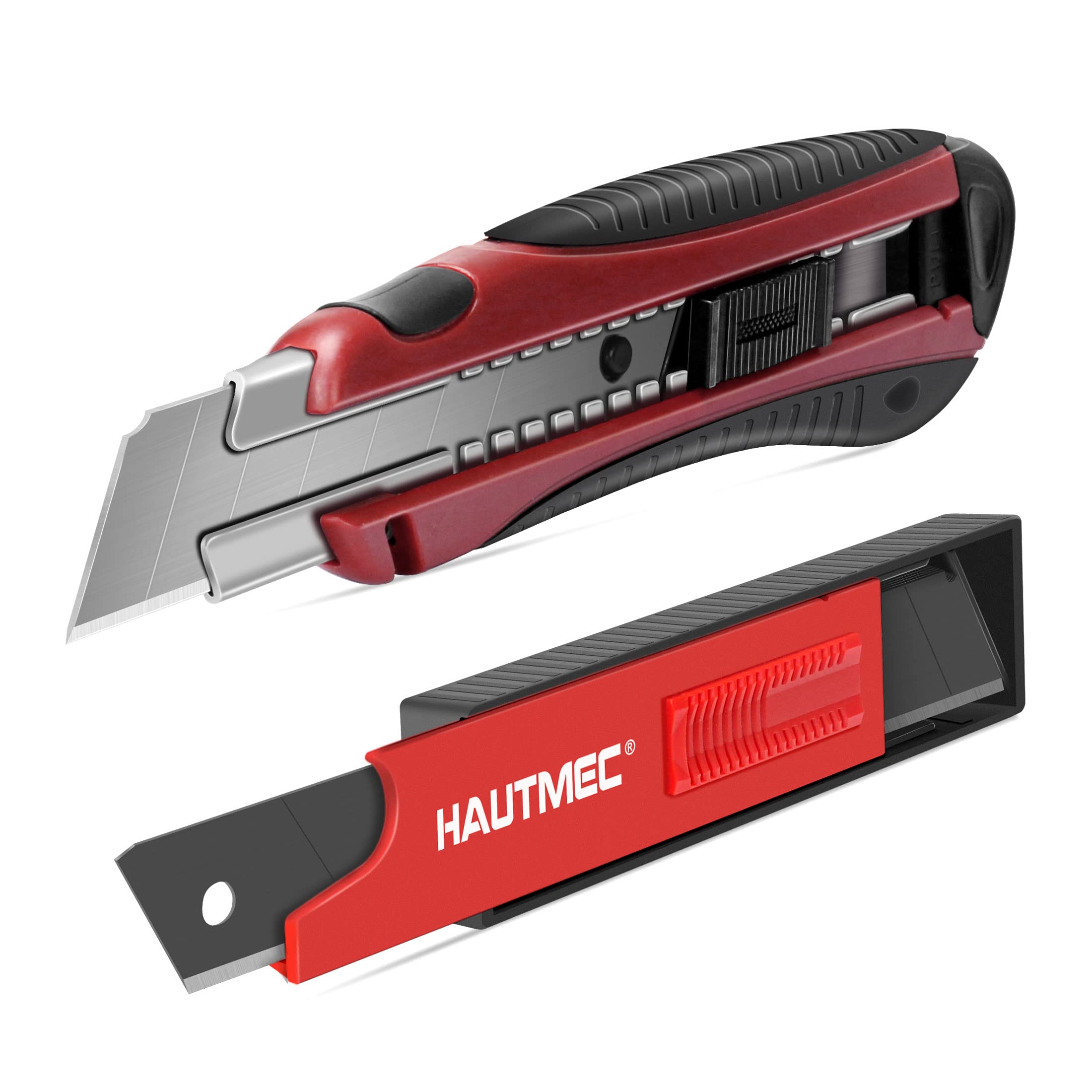 HAUTMEC 25mm Utility Knife Set, Heavy Duty Auto-Lock, Retractable Box Cutter, Wire Stripper Design, with extra 10pcs Ultra sharp Snap-off Sharp Blades HT0205-KN