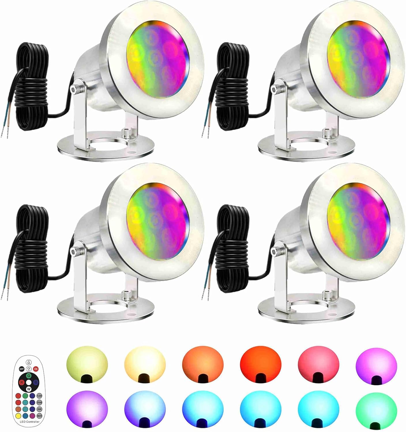 LED Pond Lights with Remote Control, 6W SS316 Stainless Steel RGB Underwater Fountain Light IP68 Waterproof Outdoor Underwater Lights for Pond Waterfall (4)